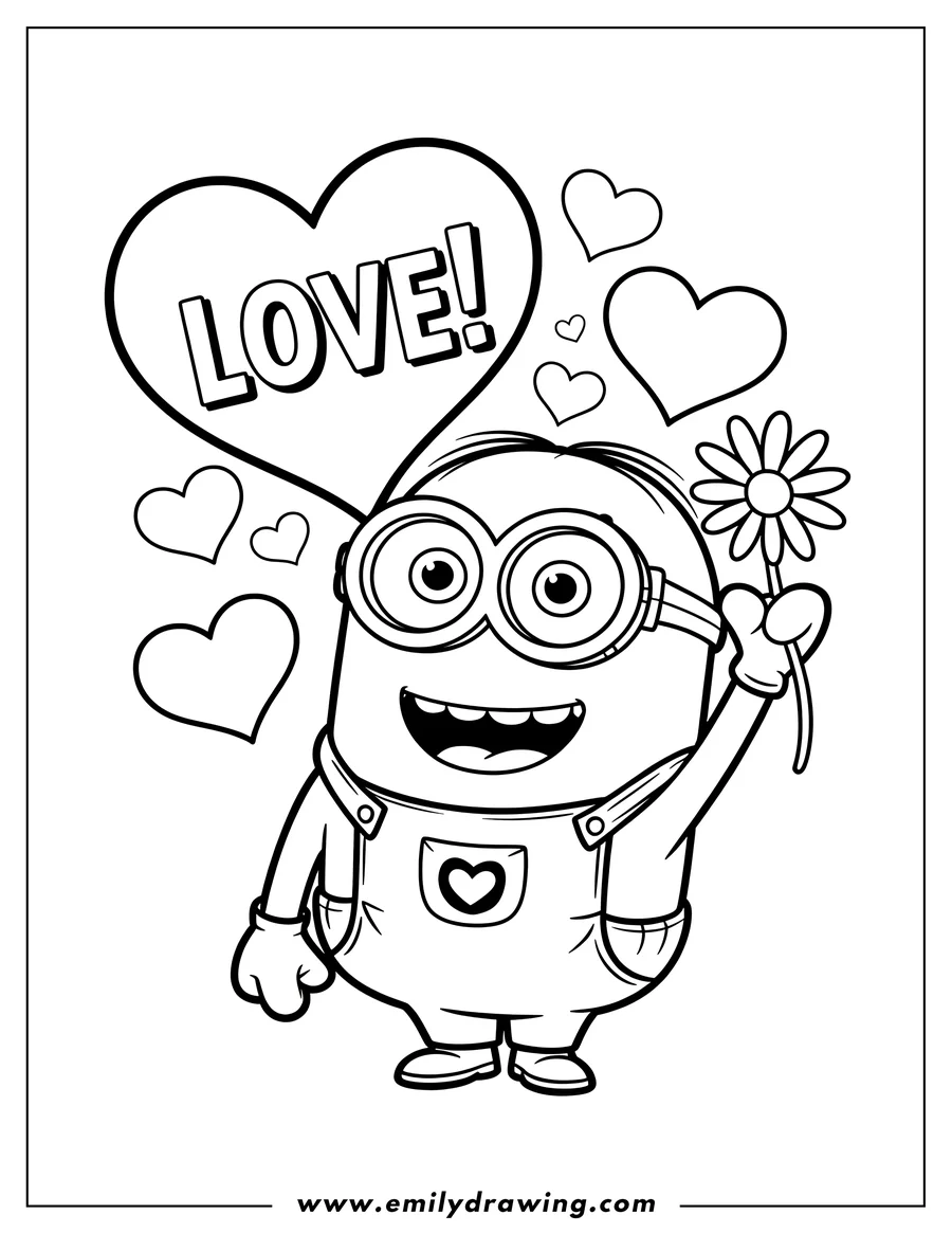 Outline of a minion holding a flower with many hearts and the word 'love' floating near it.