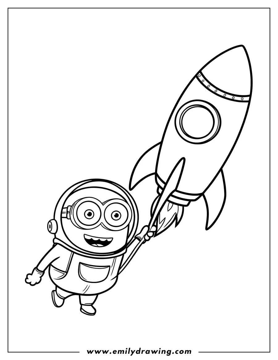 Line art of a Minion wearing an astronaut's helmet and holding a rocket.