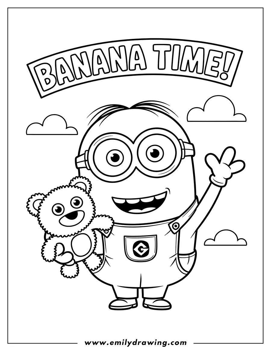 Line art of a Minion holding a teddy bear and waving.