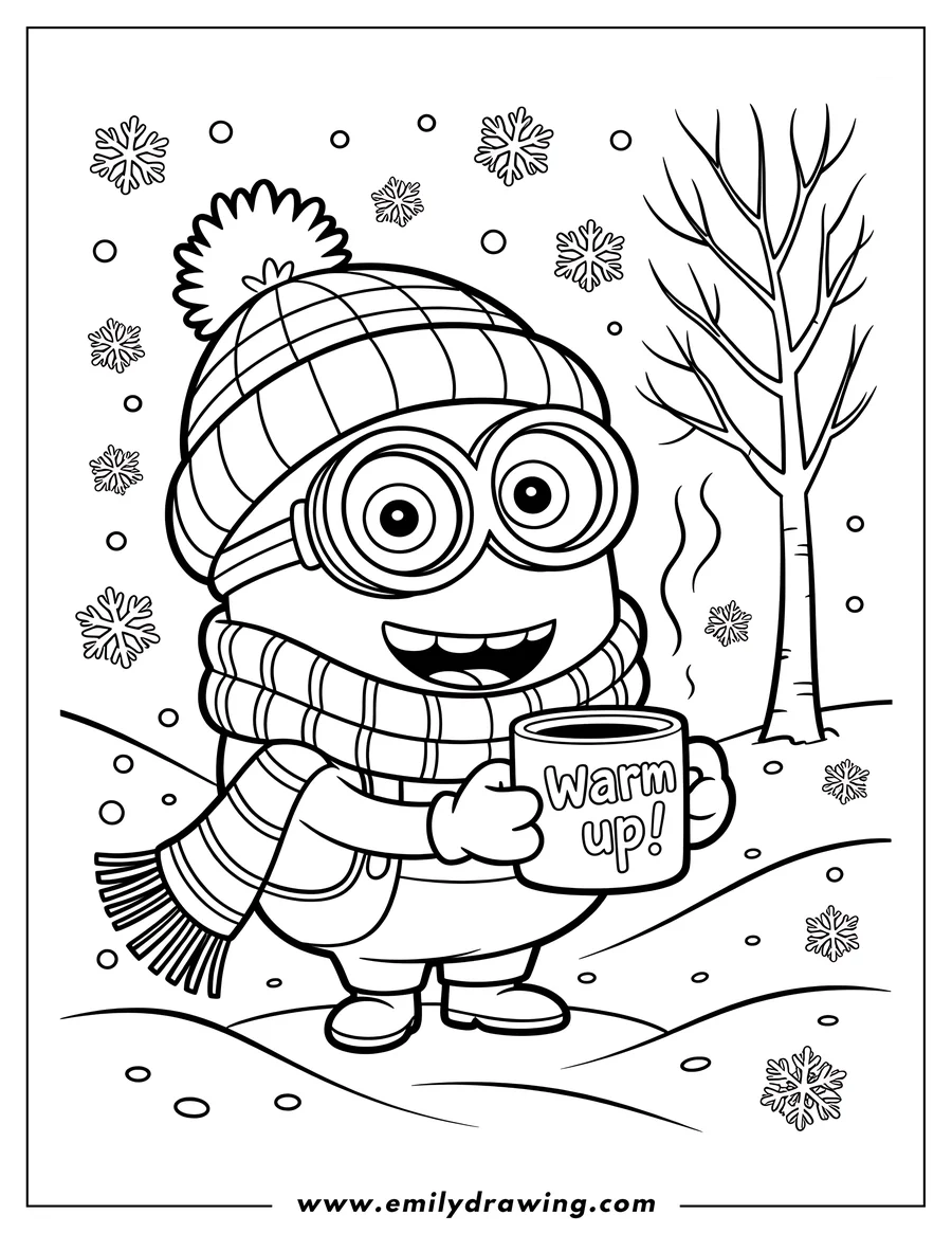 Line art of a Minion wearing a winter hat and scarf, holding a mug that says 'Warm Up!', standing in the snow near a bare tree.