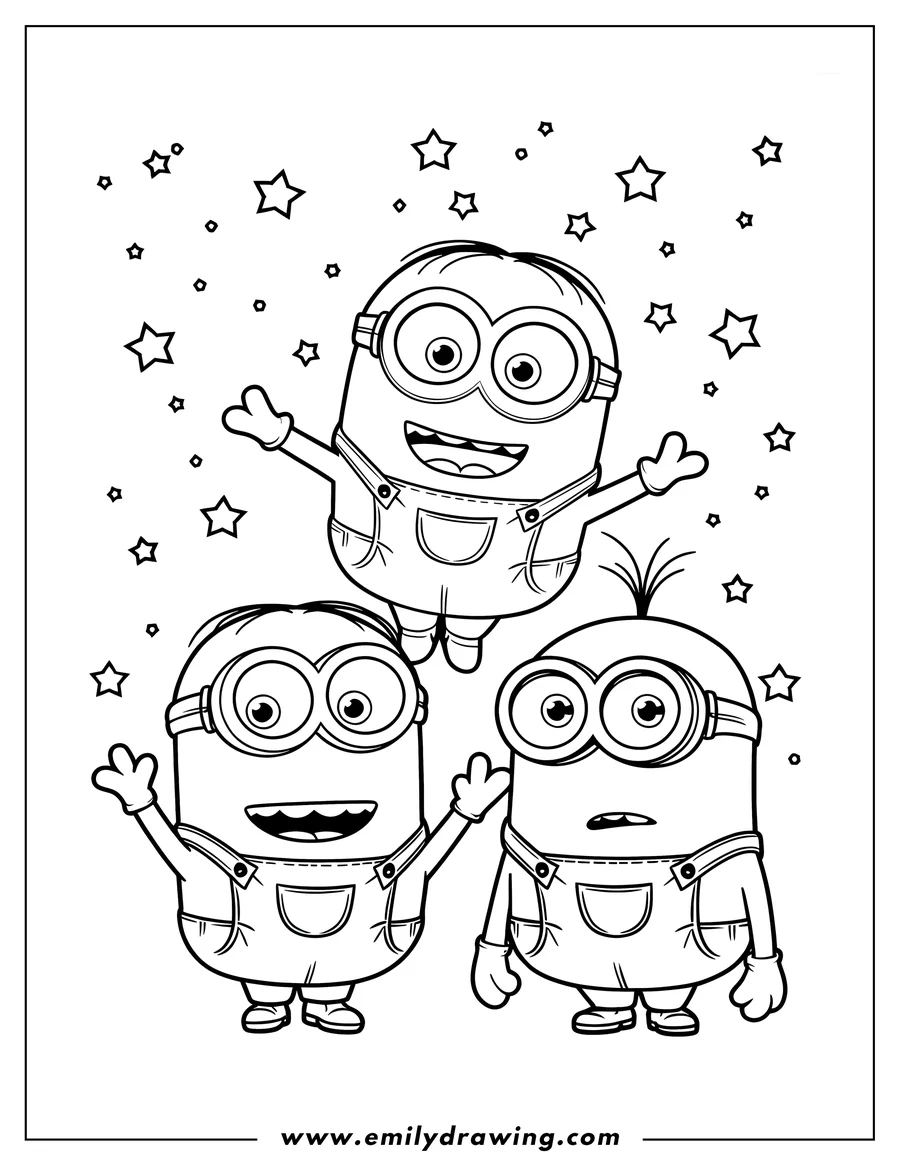 Three Minions surrounded by stars. One Minion floats in the air, while the other two wave. All are wearing their signature overalls.