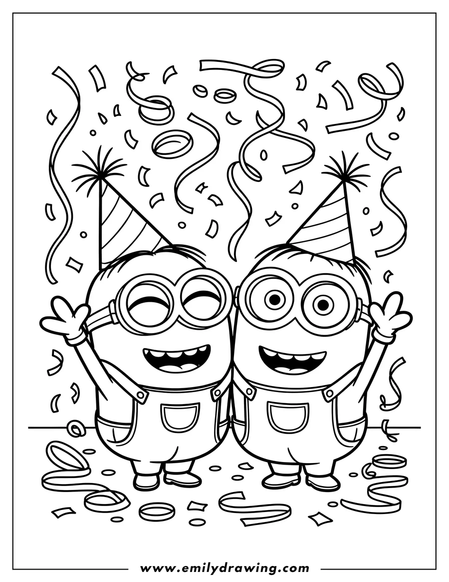 Two minions wearing party hats and celebrating with confetti.