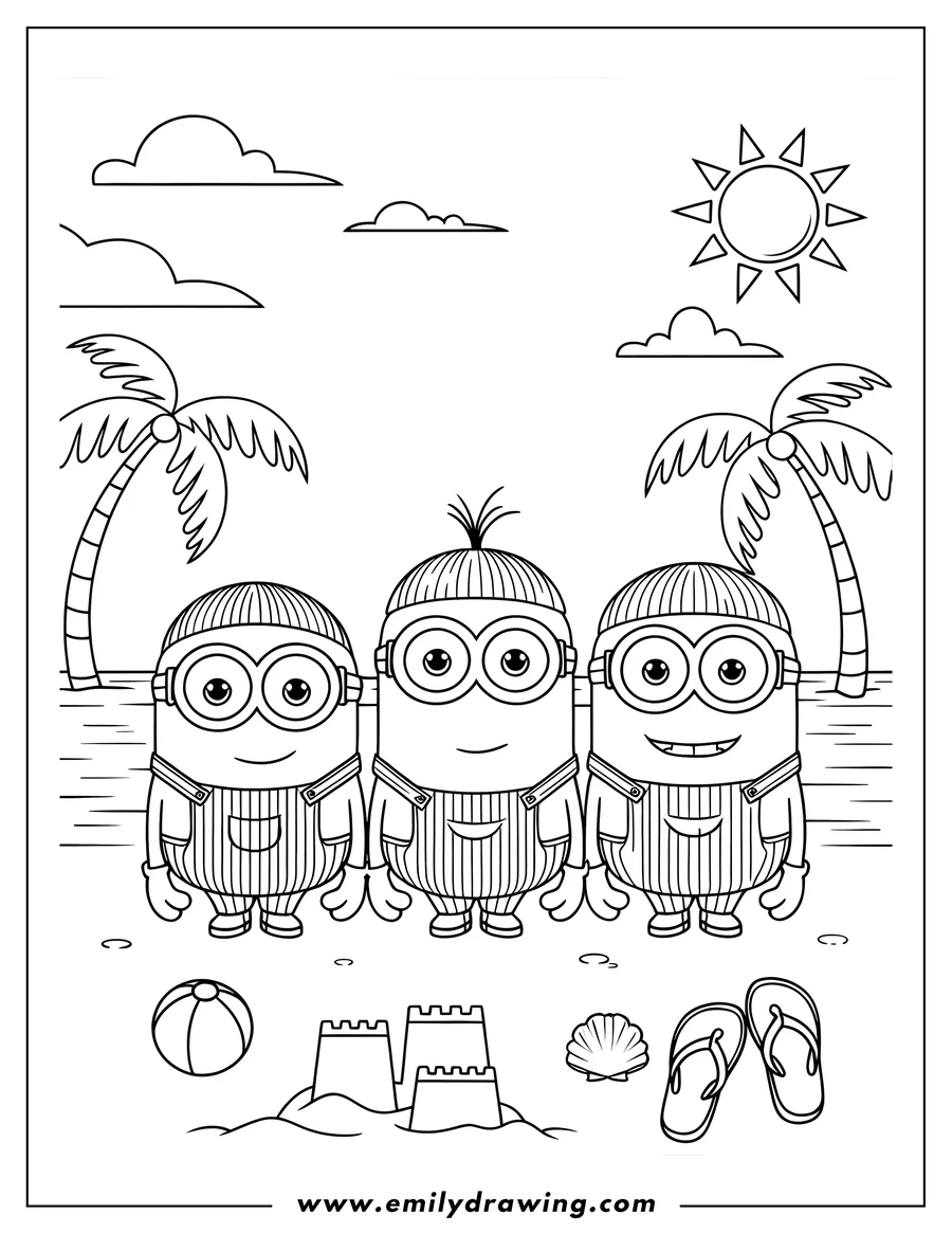 Line art of three Minions standing on a beach with palm trees, sandcastles, a beach ball, flip-flops, and a seashell. The sun is shining and there are clouds in the sky.