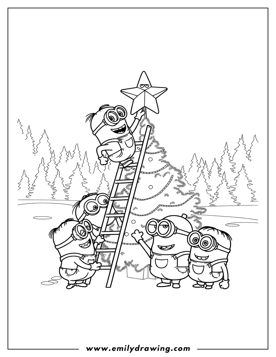 Line art of four minions decorating a Christmas tree. One minion stands on a ladder placing a star on the top, while the other three minions watch from below.