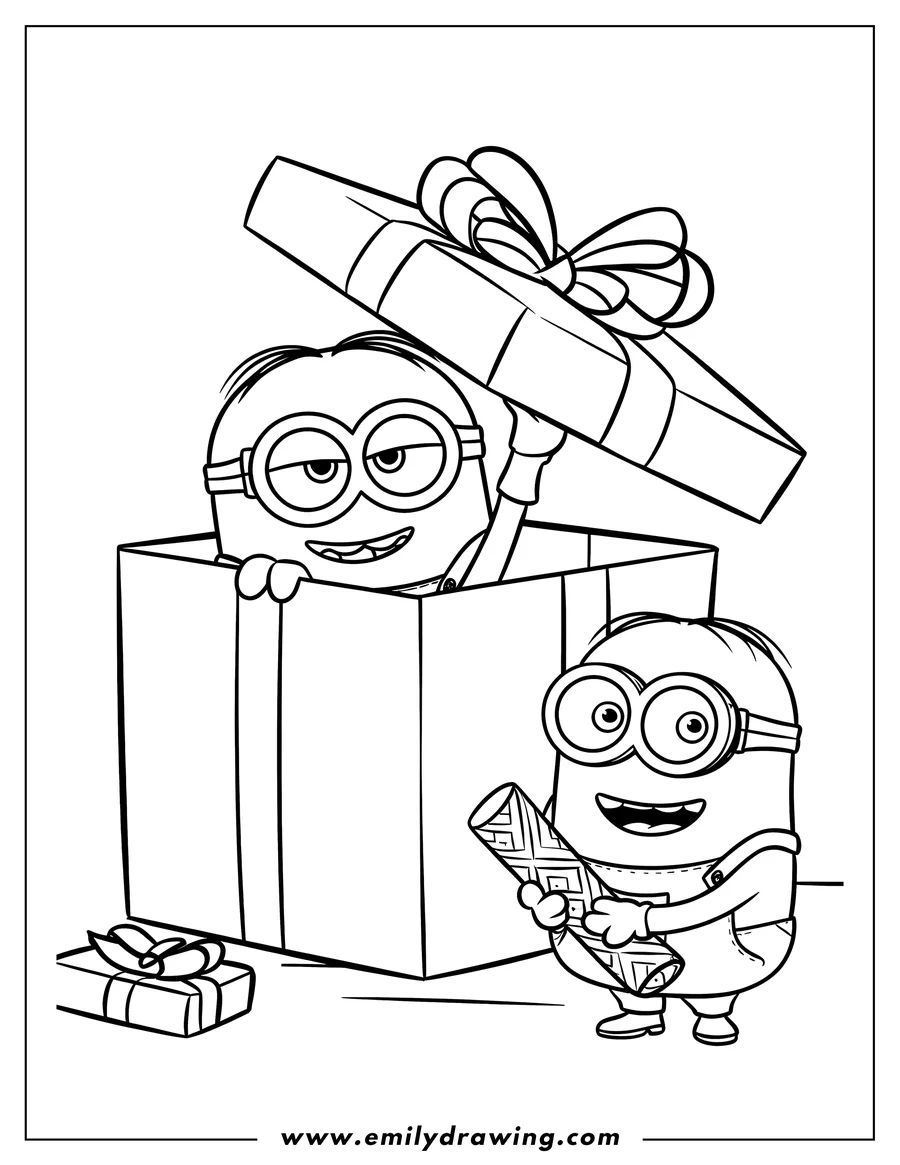 Two minions and gifts. One minion is inside a large open gift box. Another minion is holding a wrapped gift.