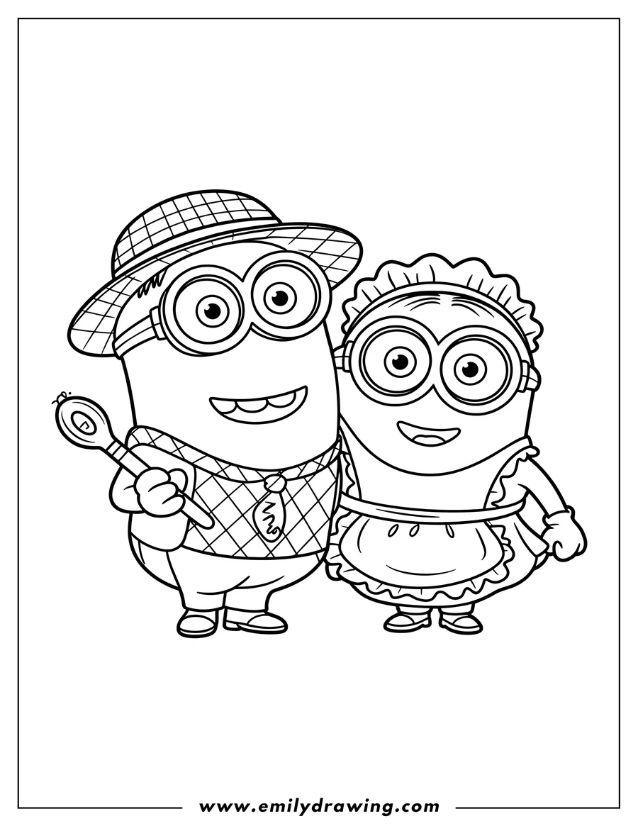 Two Minions dressed in costumes. One Minion wears a bonnet and an apron. The other Minion wears a hat, a plaid shirt and holds a wooden spoon.