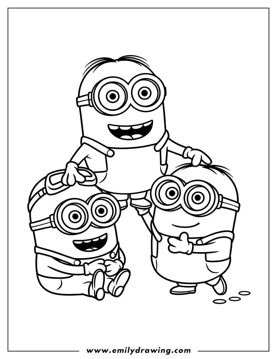 Outline of three Minions posing together. One sits while the other two stand, all with cheerful expressions.