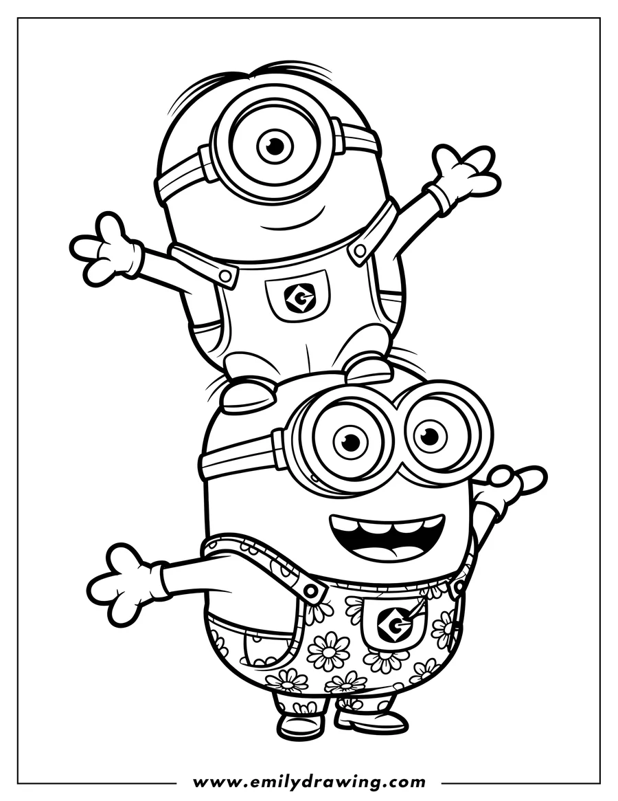 Two Minions stacked on top of each other, wearing overalls and smiling.