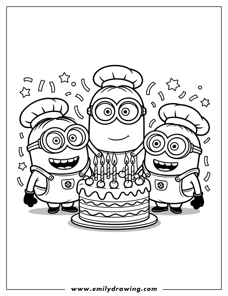 Outline of three Minions wearing chef hats, standing around a birthday cake with candles.