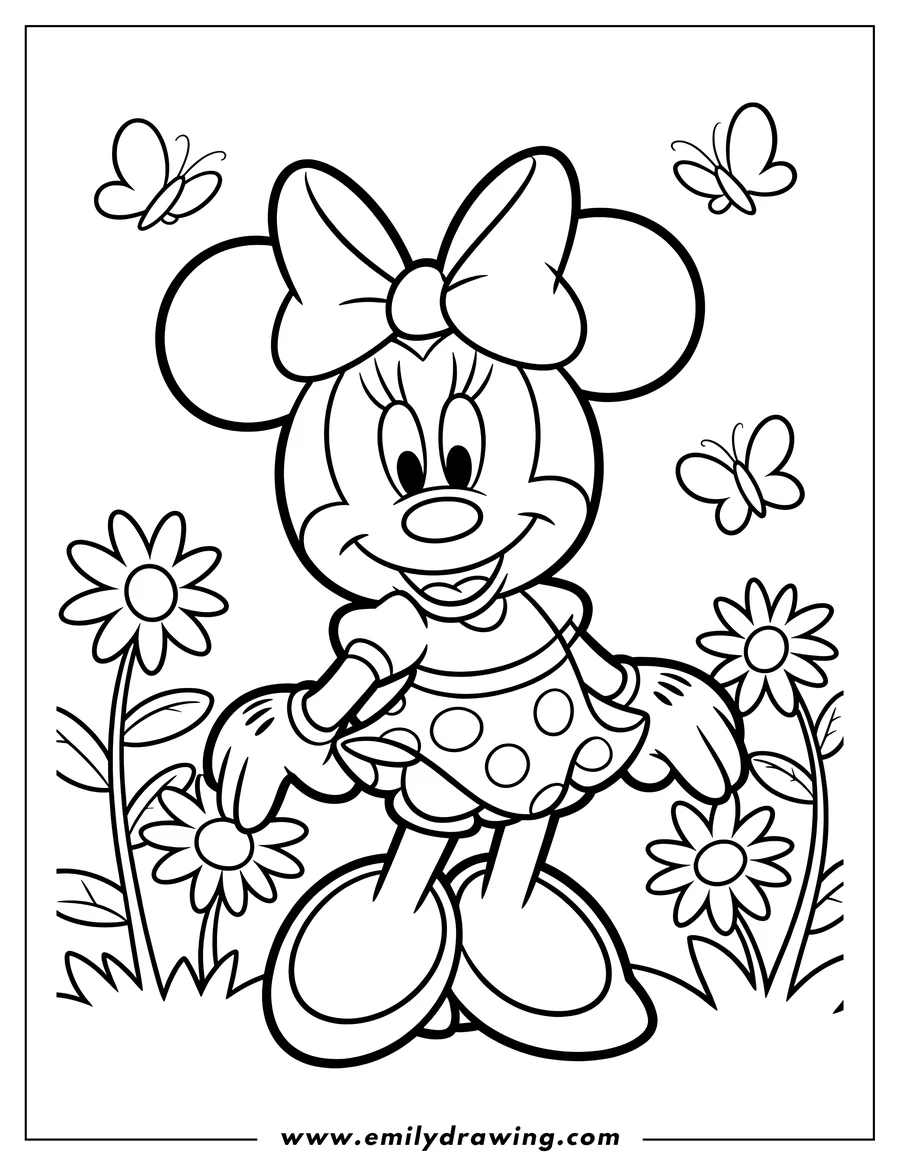 Outline of Minnie Mouse standing in a garden with daisies and butterflies.