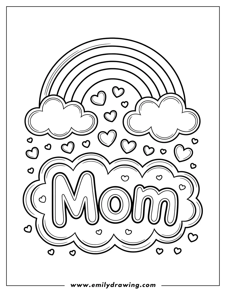 Line art of a Mother's Day design with the word 'Mom', a rainbow, clouds, and falling hearts.