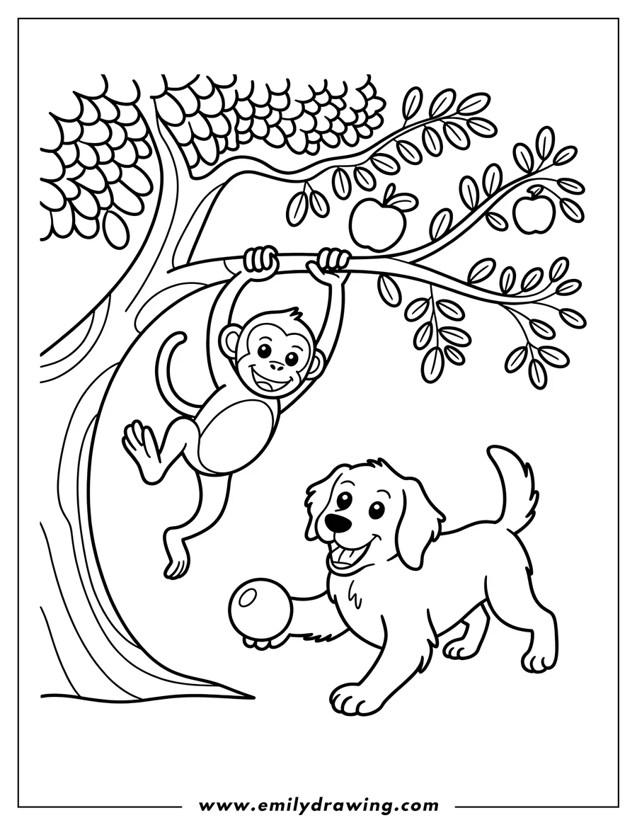 Outline of a monkey hanging from a tree branch dropping a ball to a dog below. The scene appears playful and captures a fun interaction between the monkey and the dog.