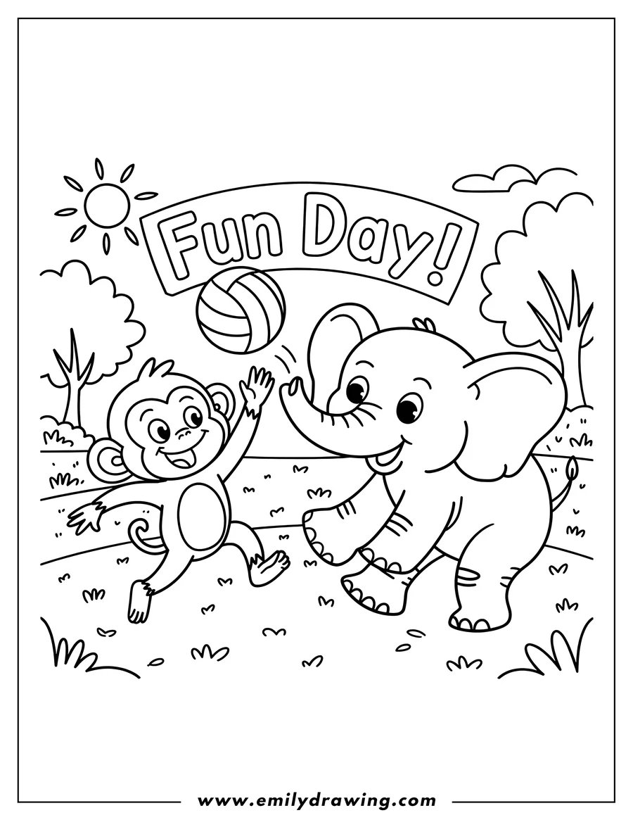 Line art of a monkey and elephant playing volleyball on a sunny day.  The words Fun Day are written above them.