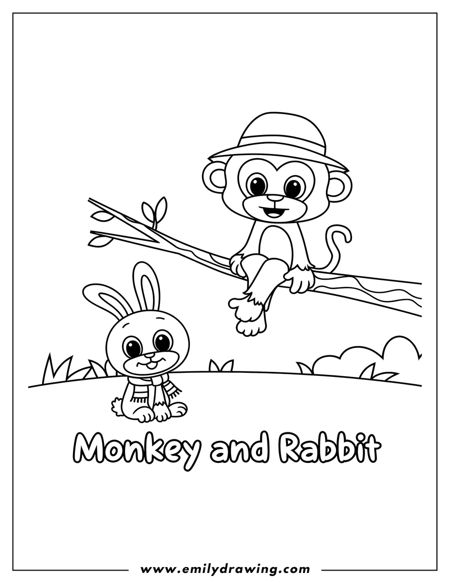 Outline of a monkey wearing a hat sitting on a tree branch, and a rabbit wearing a scarf sitting beneath.