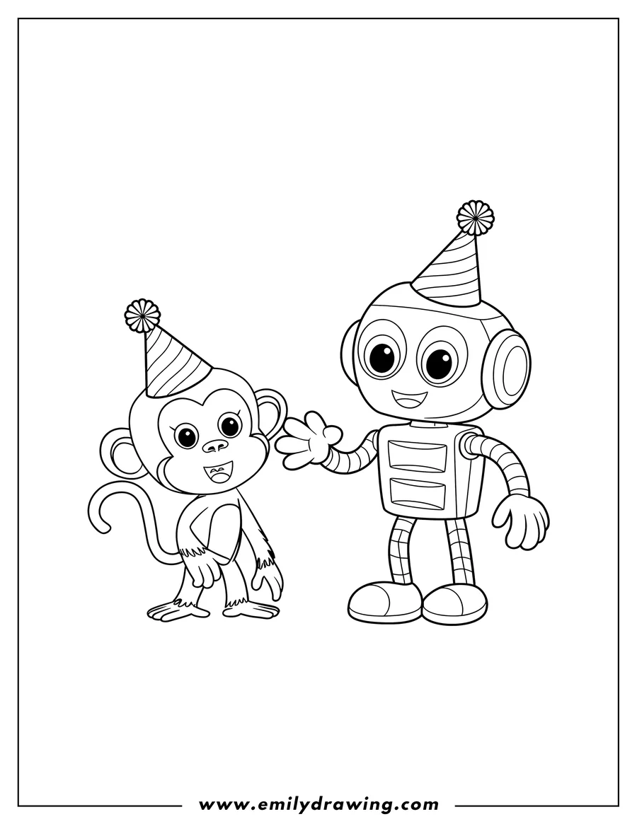 Line art of a monkey and a robot wearing party hats. The monkey is waving a hand. They appear to be at a party.