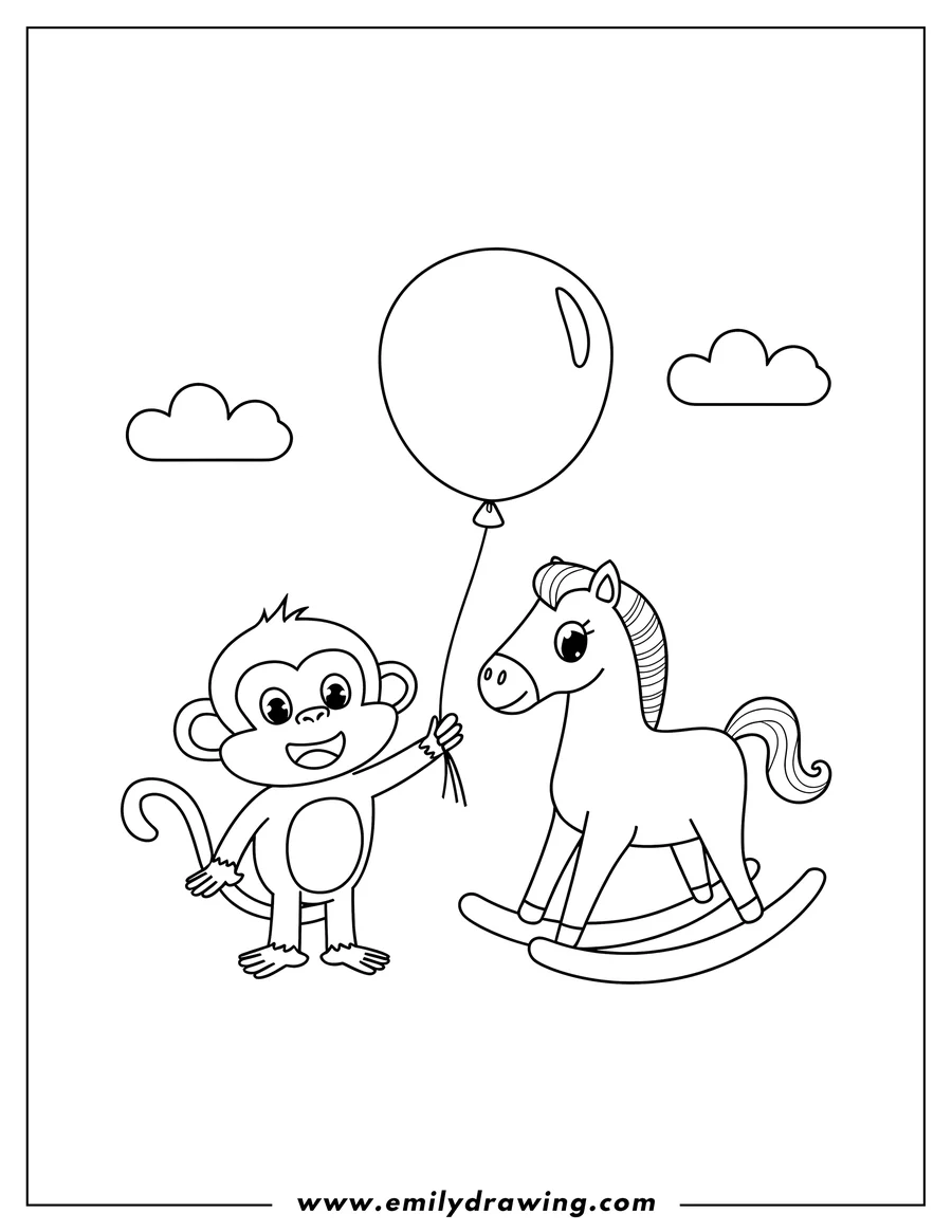 Outline of a monkey holding a balloon string next to a rocking horse, beneath fluffy clouds.