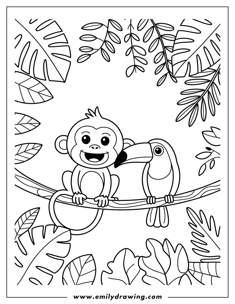 Outline of a monkey and a toucan sitting together on a tree branch, surrounded by jungle leaves.