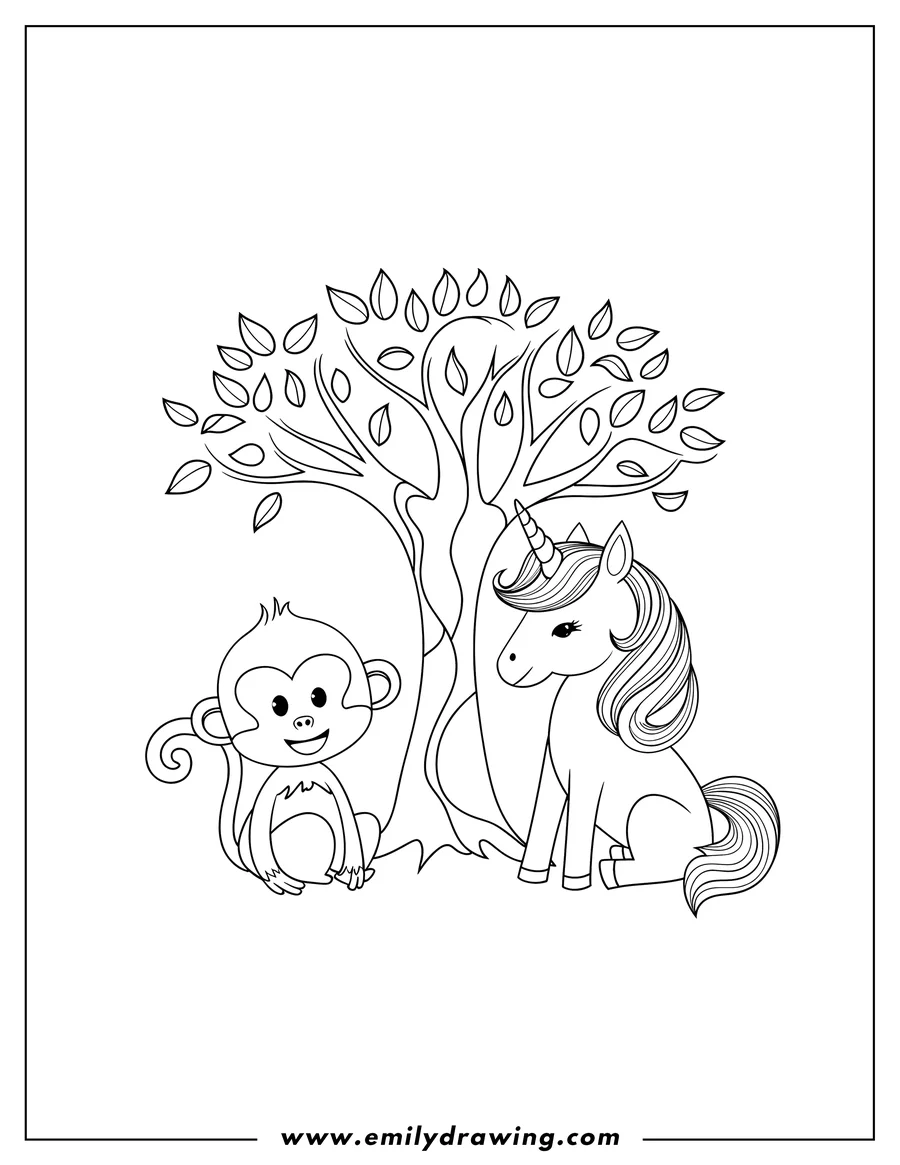 Outline of a monkey and a unicorn sitting beneath a leafy tree.
