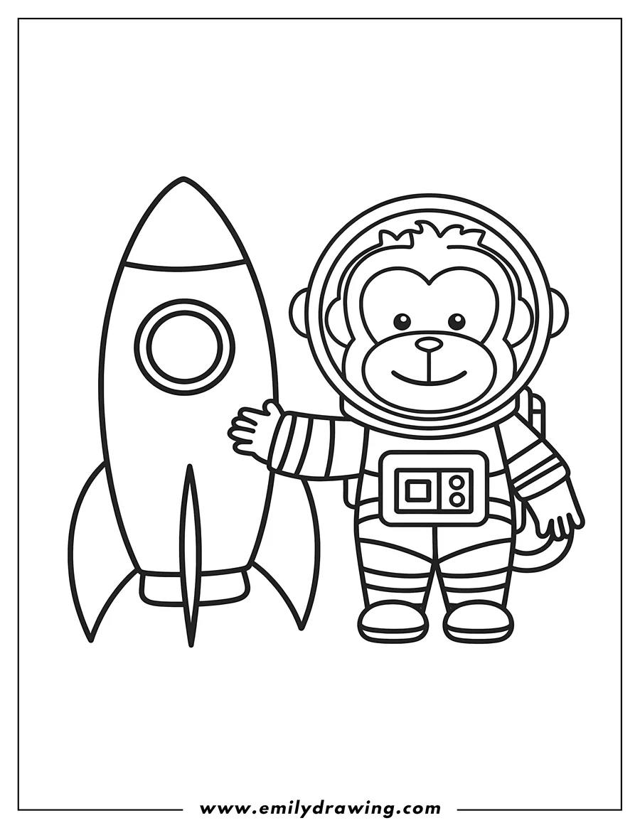 Outline of a monkey astronaut standing next to a rocket ship, ready for a space adventure.
