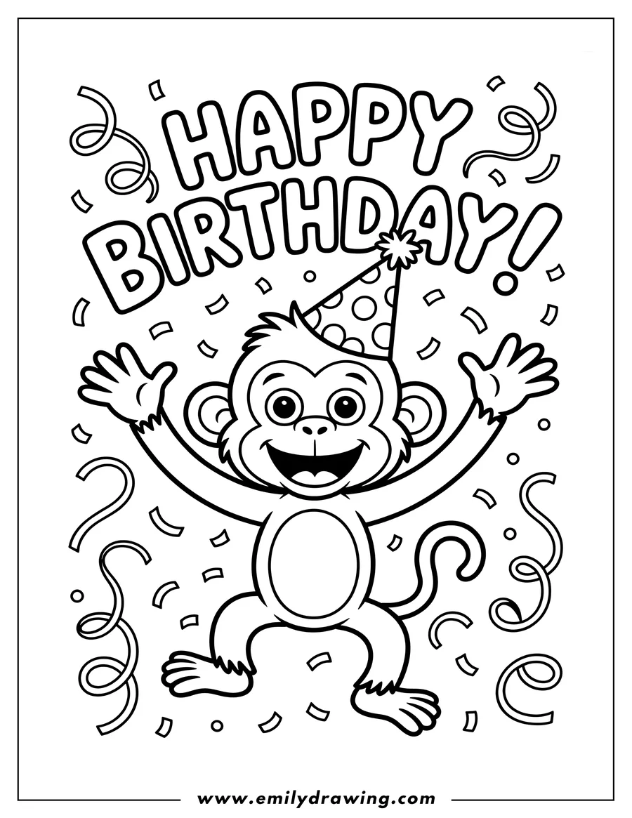Outline of a cheerful monkey wearing a party hat, surrounded by confetti, with 