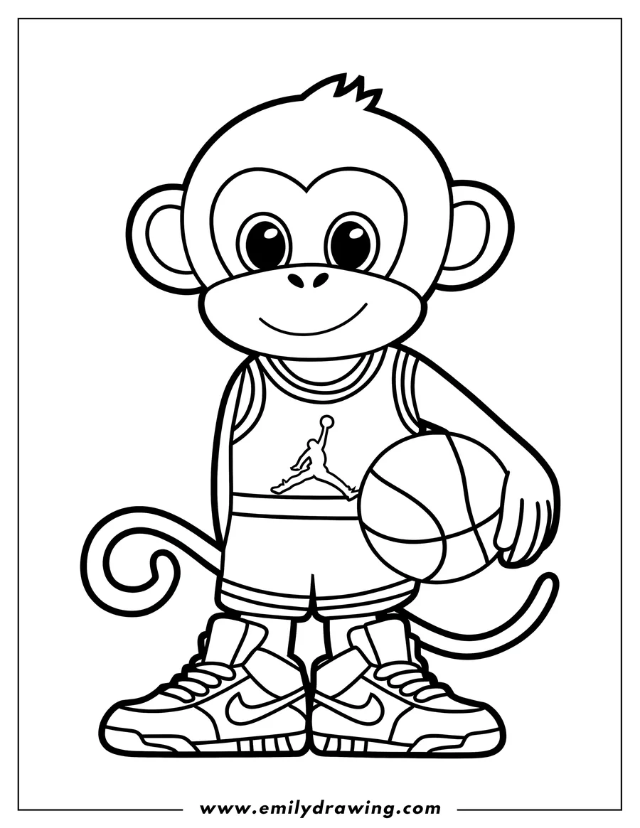 Line art of a monkey wearing a basketball jersey and sneakers, holding a basketball.