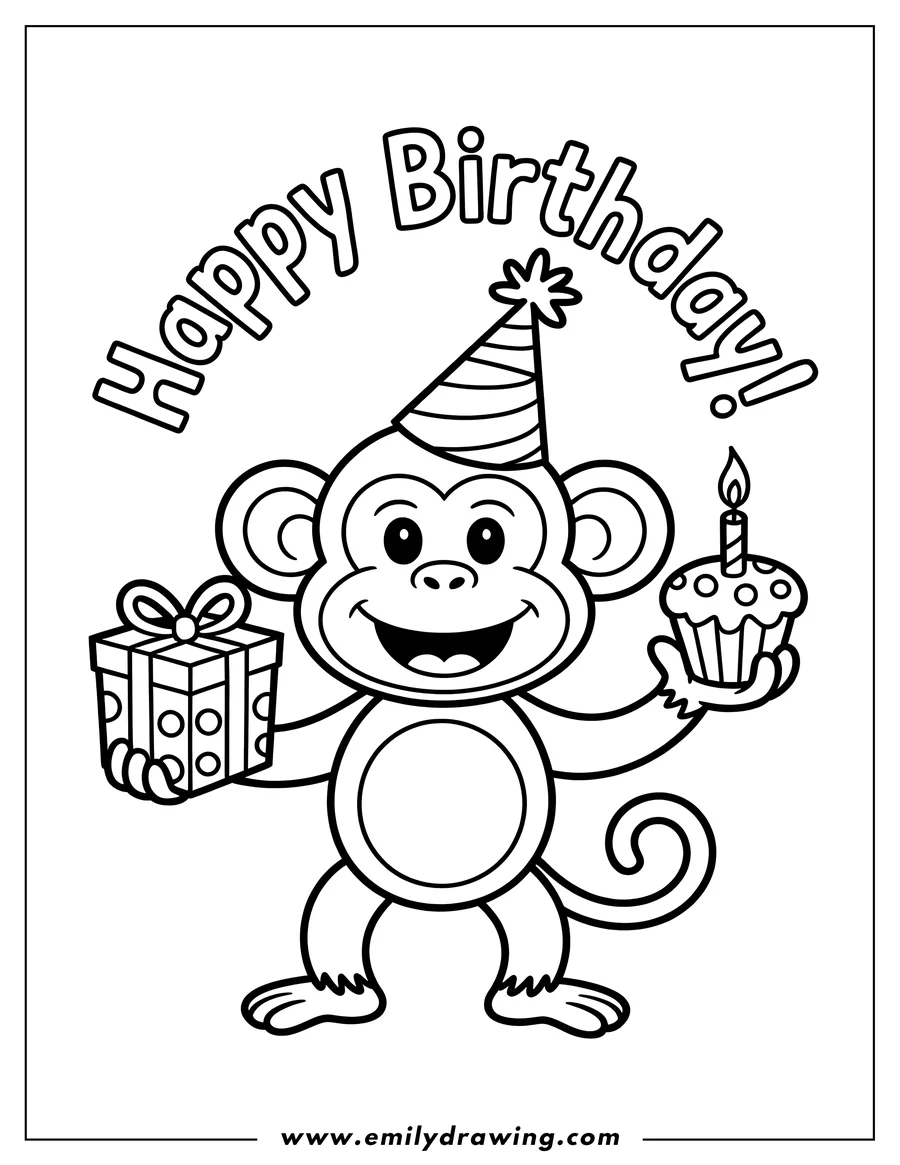 Outline of a cheerful monkey wearing a party hat, holding a birthday cupcake with a candle and a wrapped present, with 'Happy Birthday!' written above.