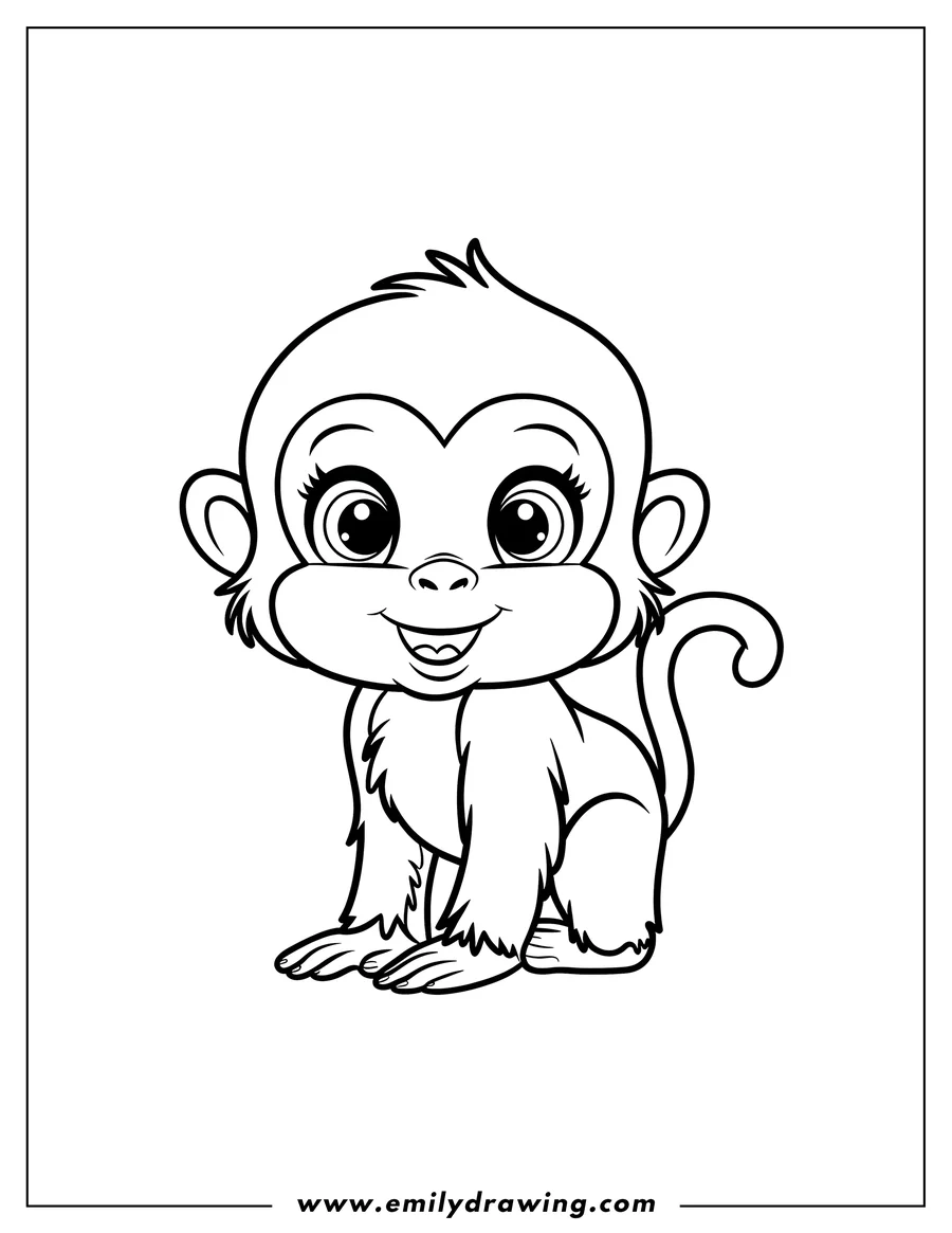 Outline of a cute, smiling monkey sitting with a curled tail.