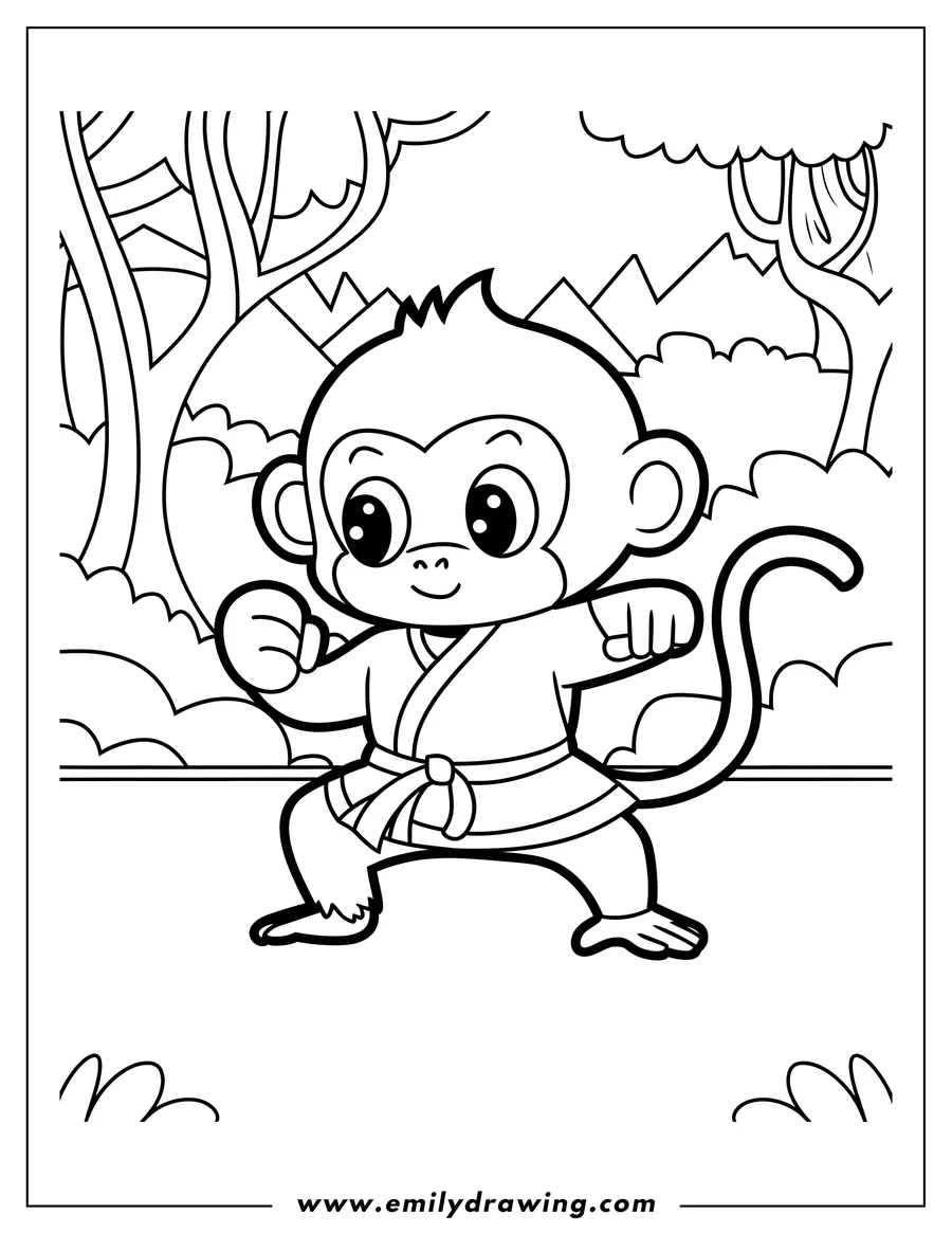 Outline of a monkey in a karate uniform doing karate.
