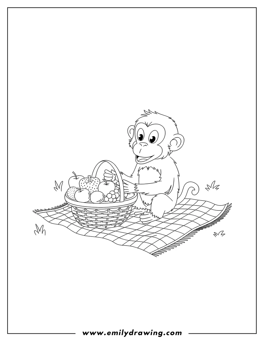Outline of a monkey sitting on a blanket with a basket of fruit