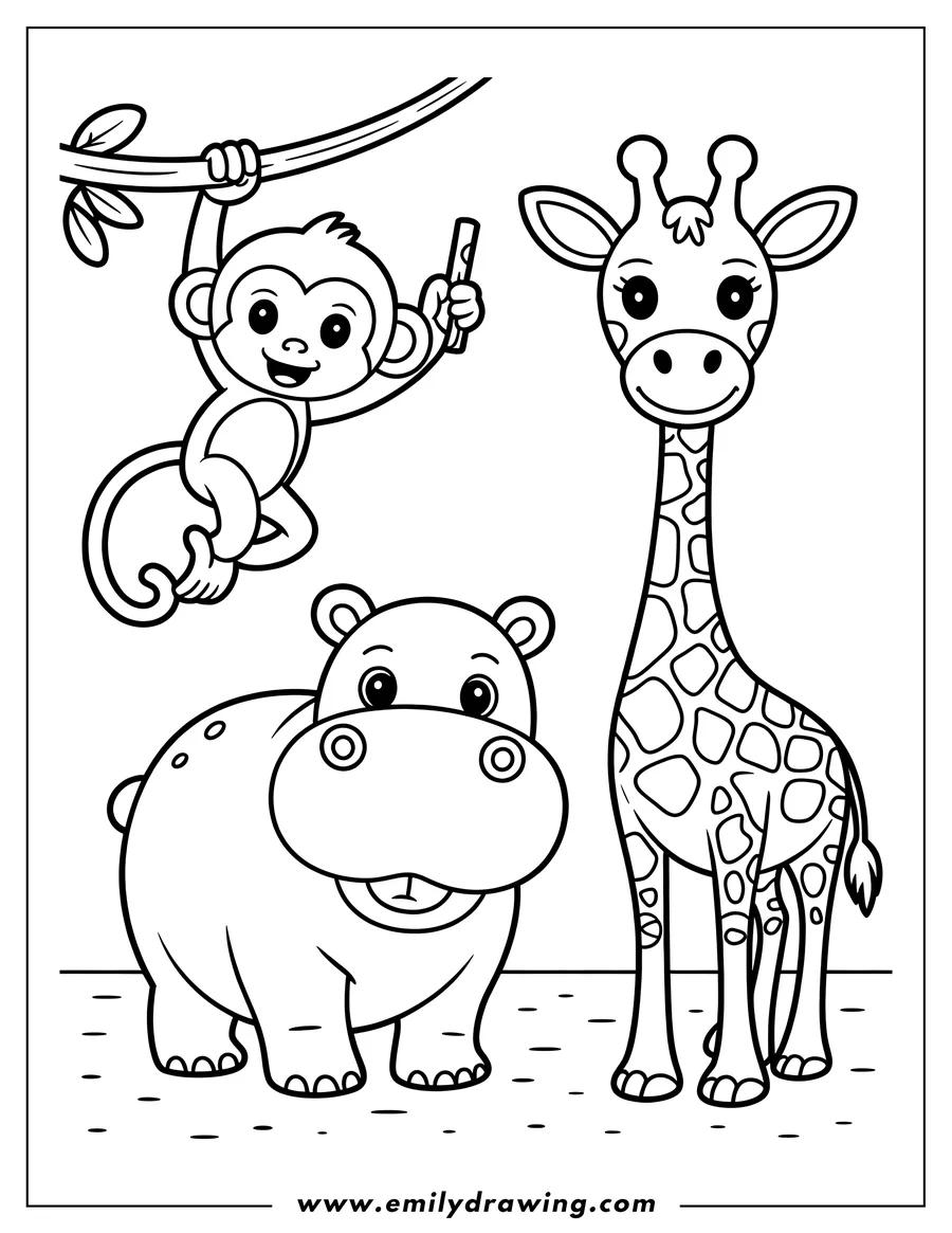 Outline of a monkey hanging from a tree branch, a hippopotamus standing, and a giraffe.