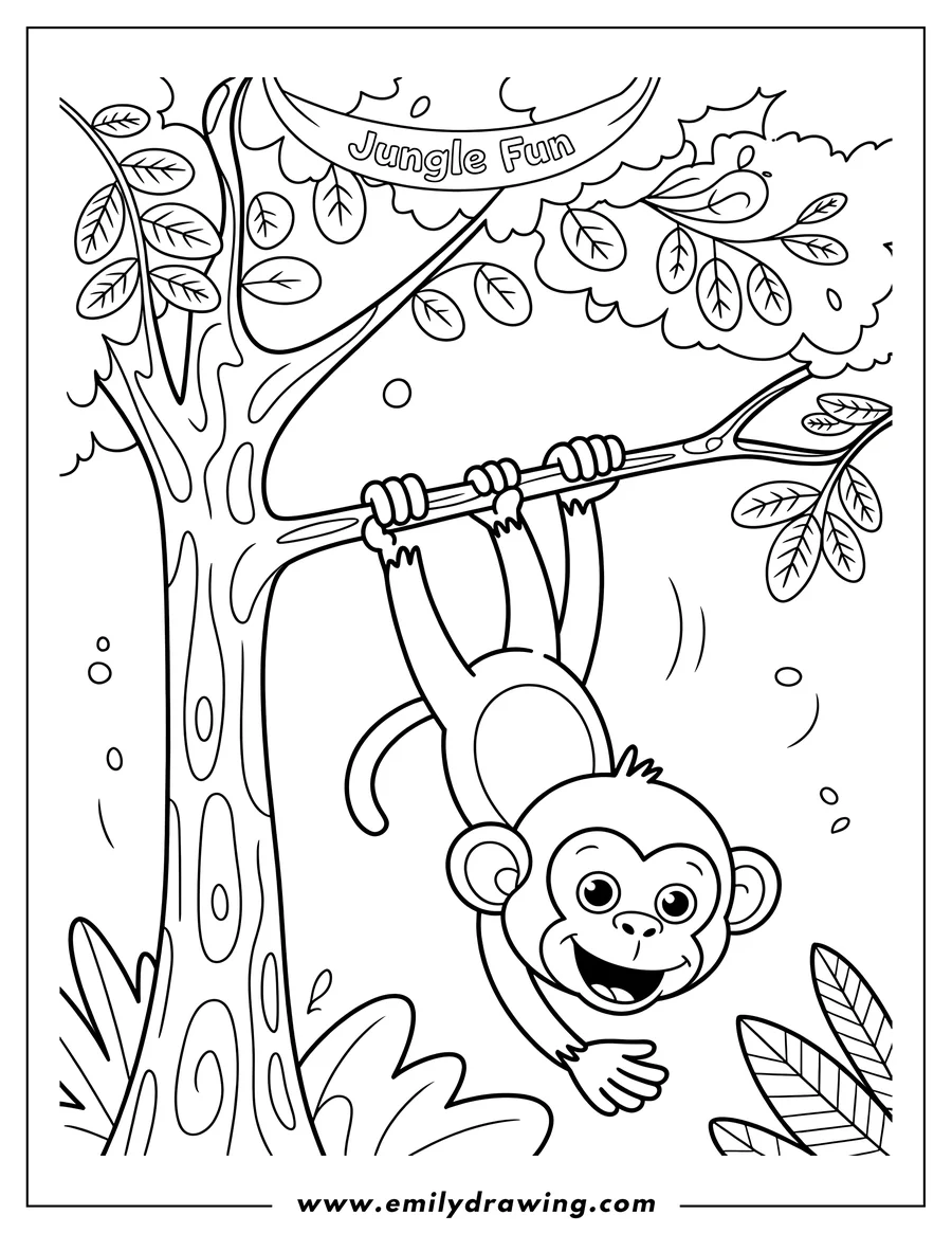 Outline of a cheerful monkey hanging upside down from a tree branch in the jungle.