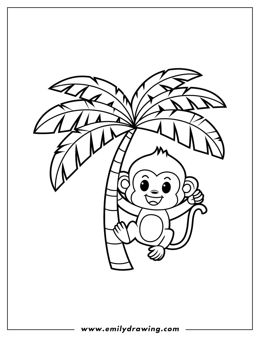 Outline of a cheerful monkey hanging from a palm tree.