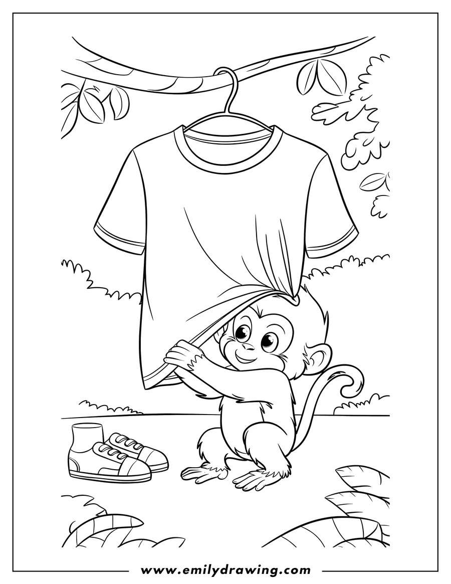 Outline of a playful monkey hiding behind a shirt hanging on a clothesline.  A pair of sneakers sits on the ground nearby.