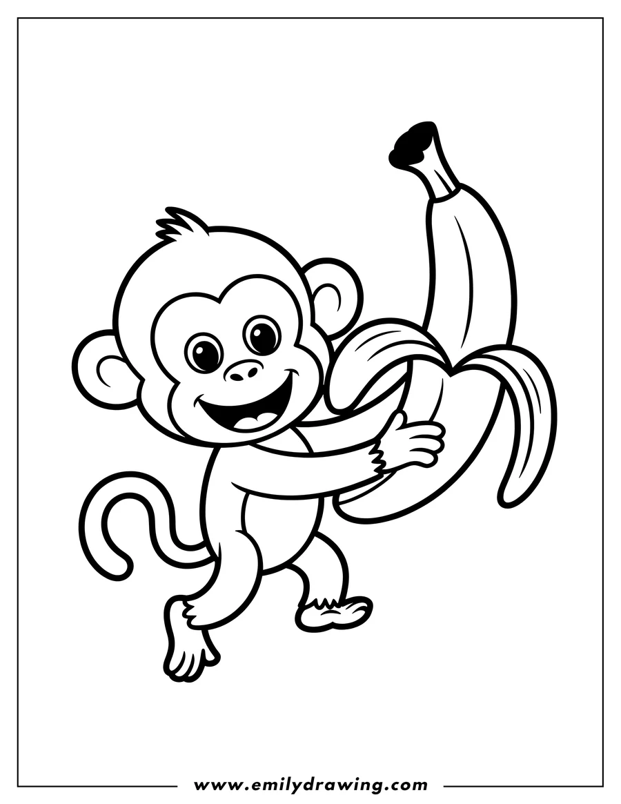 Outline of a cheerful monkey holding a large peeled banana.