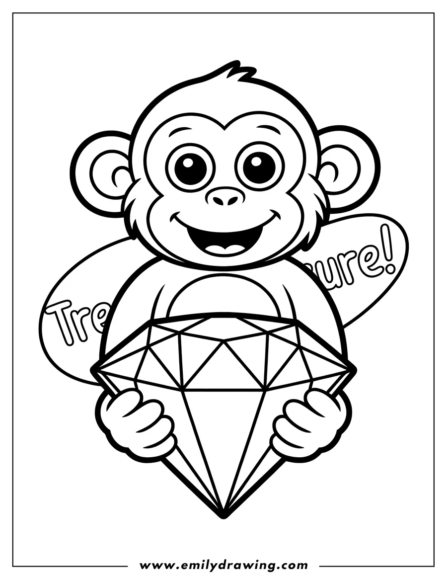 Outline of a smiling monkey holding a large diamond. The words 