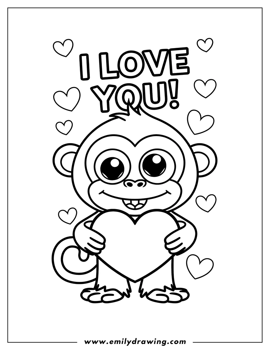 Outline of a monkey holding a large heart, surrounded by small hearts and the words 'I Love You'.