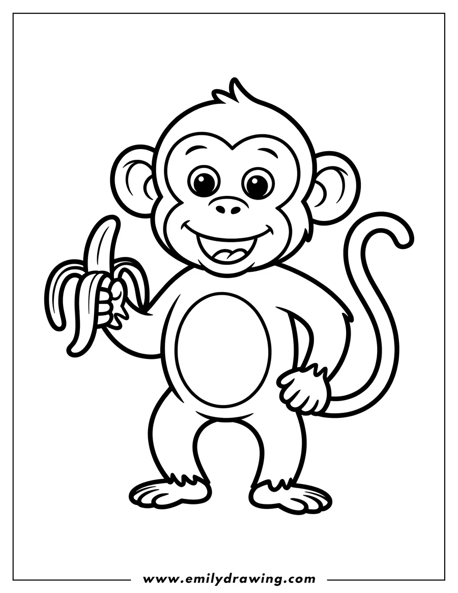 Line art of a cheerful monkey holding a peeled banana.