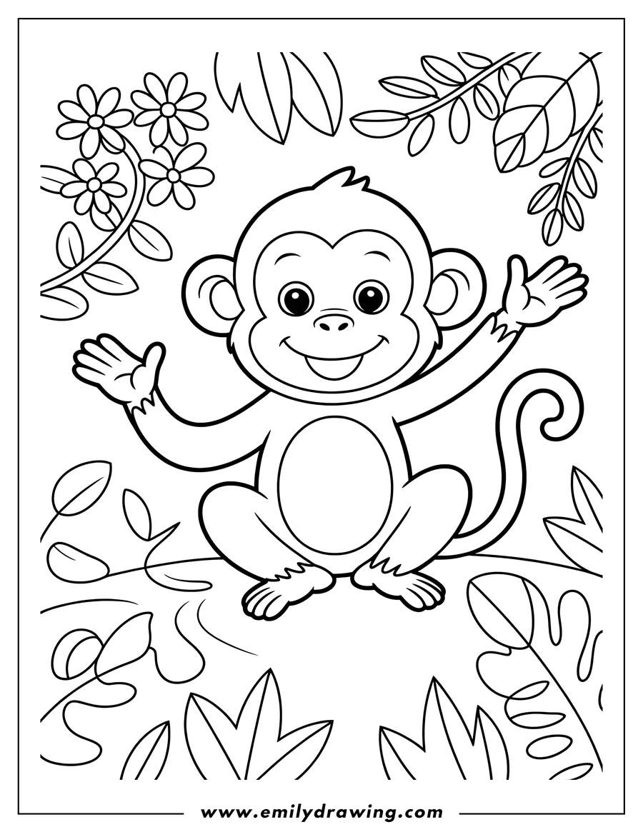 Outline of a cheerful monkey sitting in a jungle setting, surrounded by leaves and flowers.