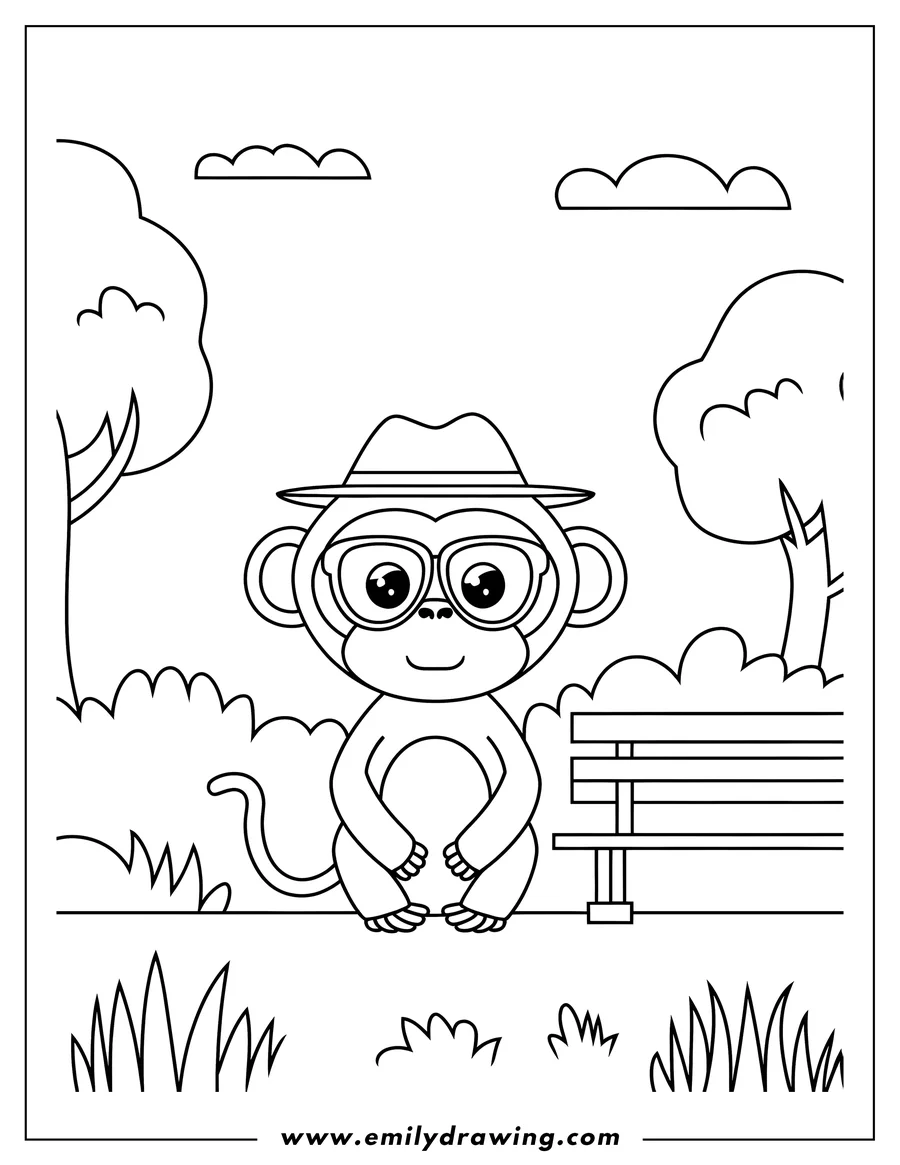 Outline of a monkey wearing a hat and glasses, sitting in a park near a bench.