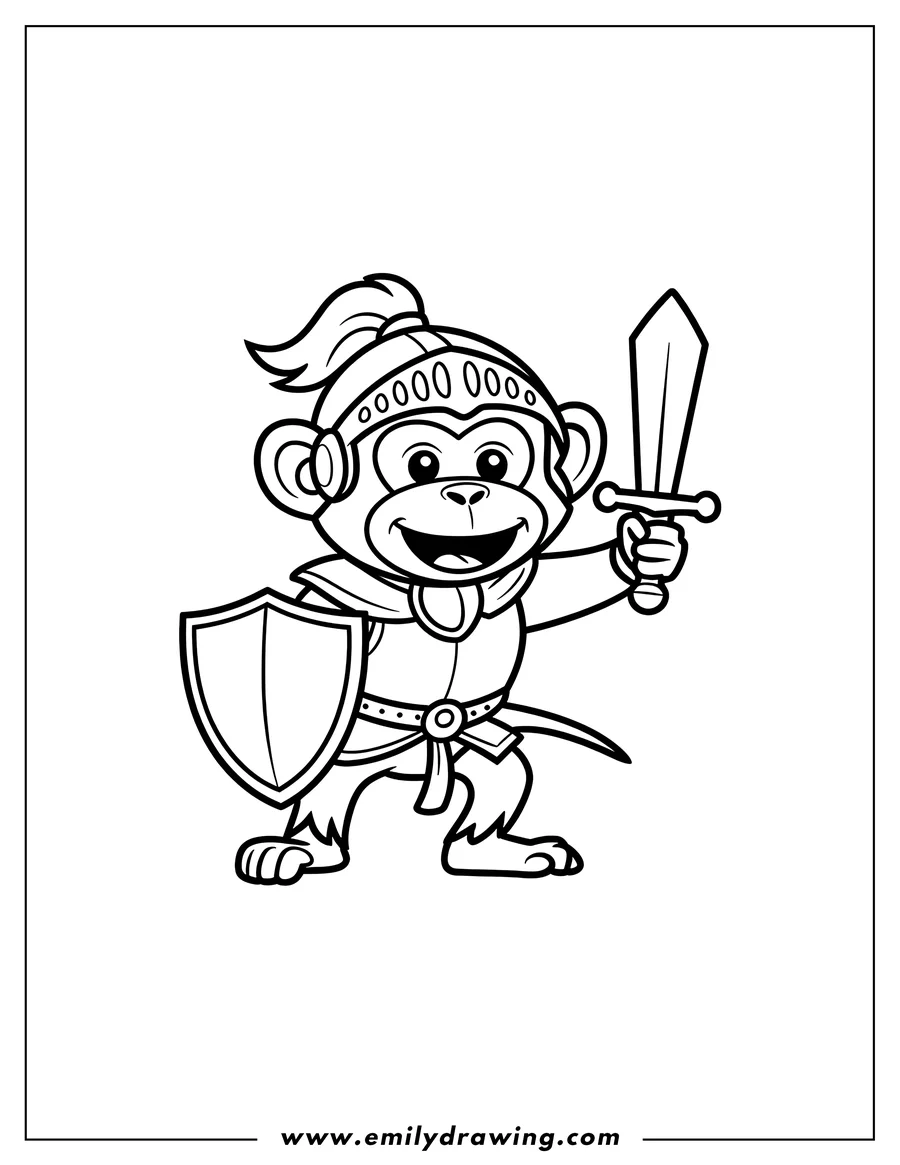 Outline of a cheerful monkey dressed as a knight, holding a sword and shield.