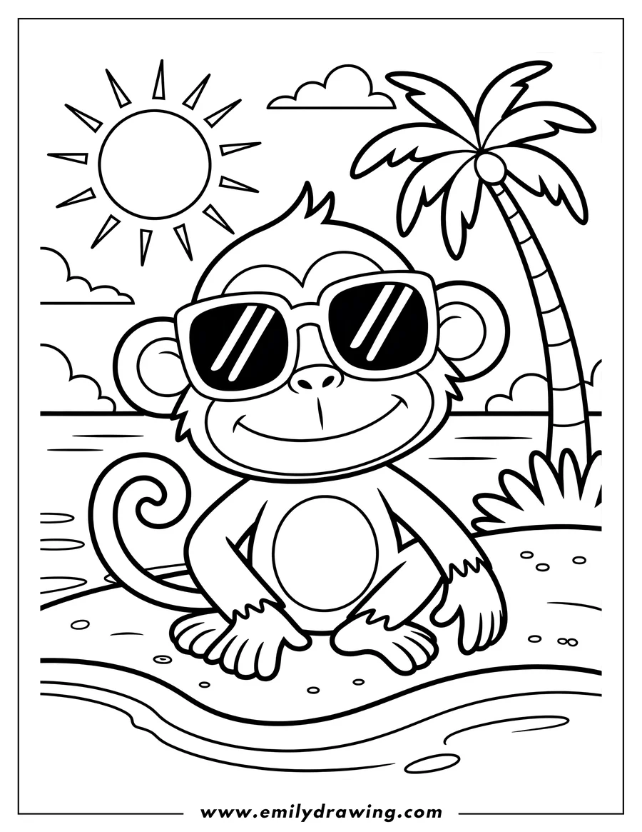 Outline of a monkey wearing sunglasses sitting on a beach with a palm tree and sun in the background.