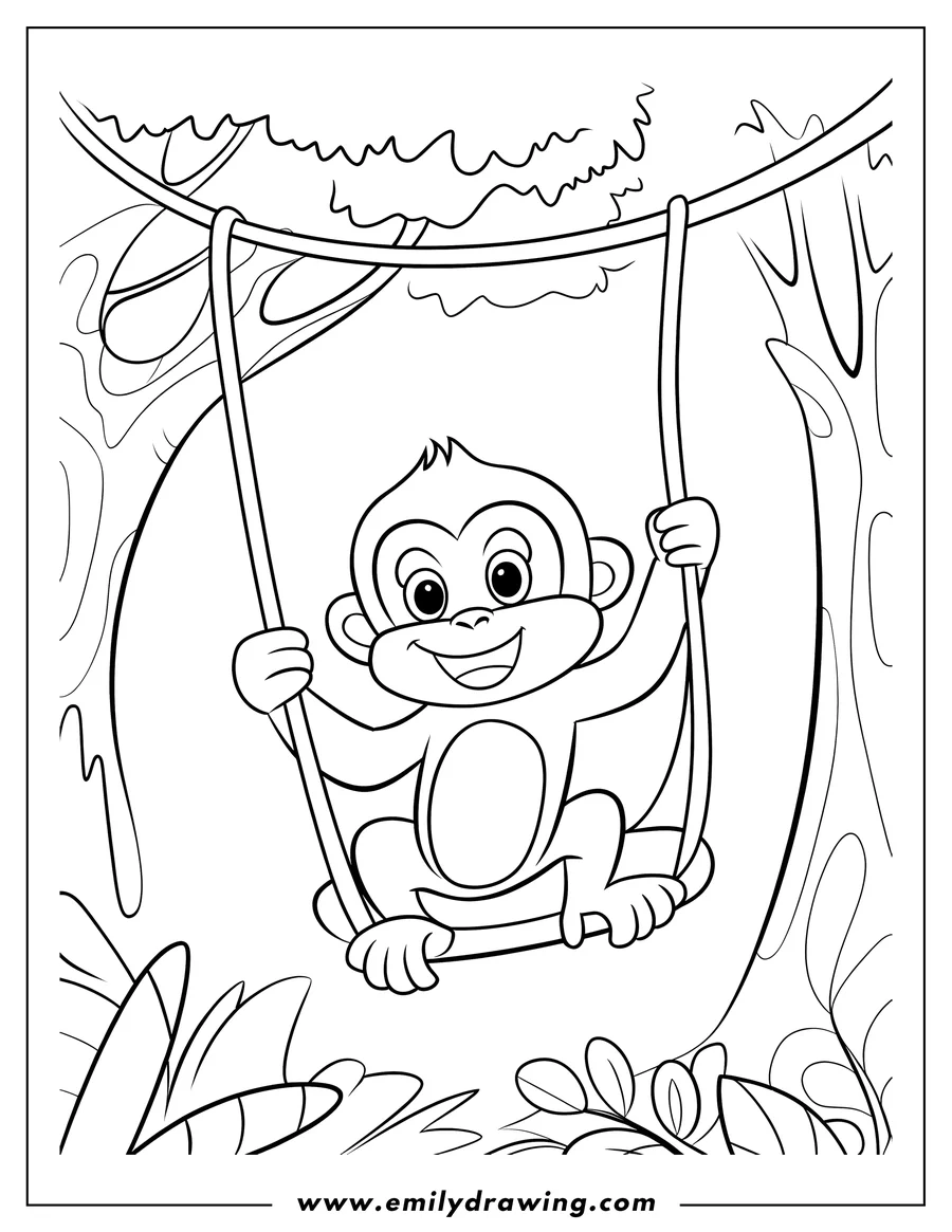 Outline of a cheerful monkey swinging from a vine in a jungle setting.