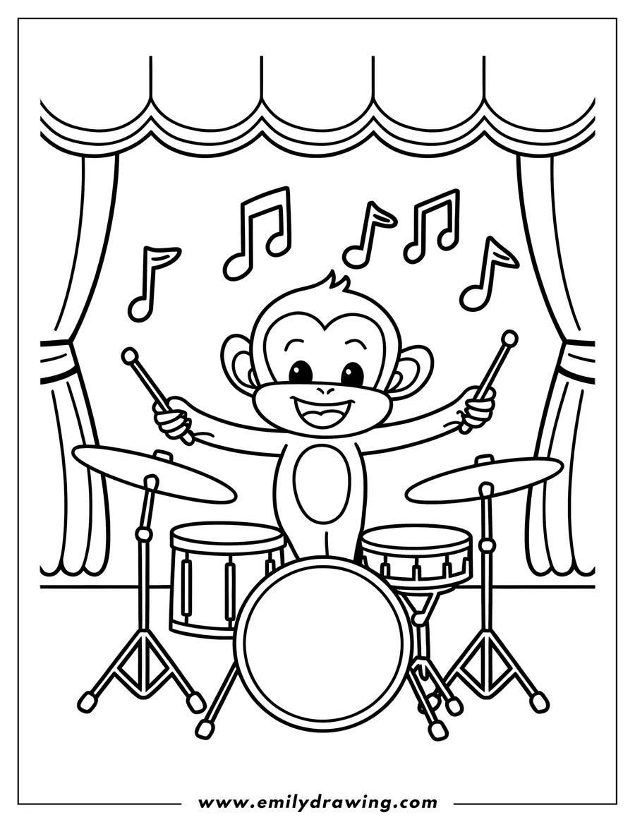 Line art of a monkey playing a drum set on a stage with musical notes floating around it.