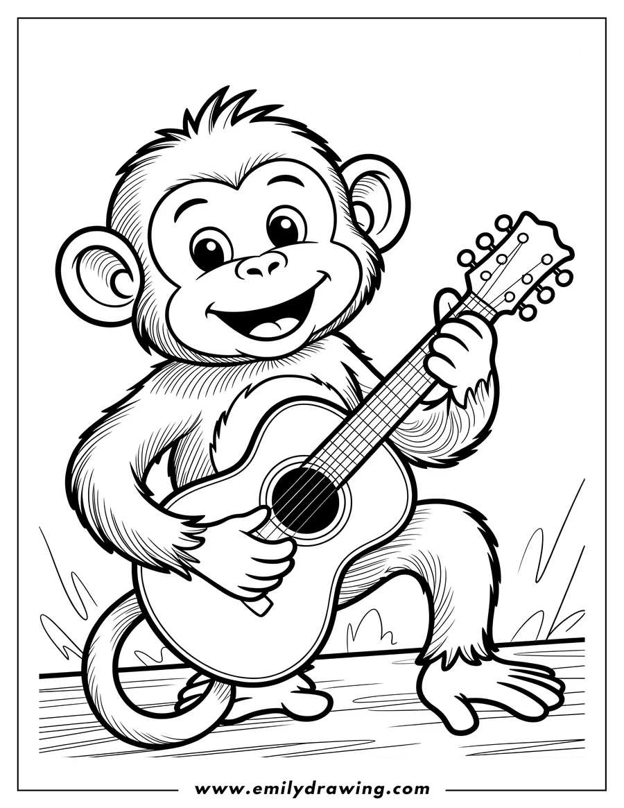 Outline of a cheerful monkey playing a guitar.