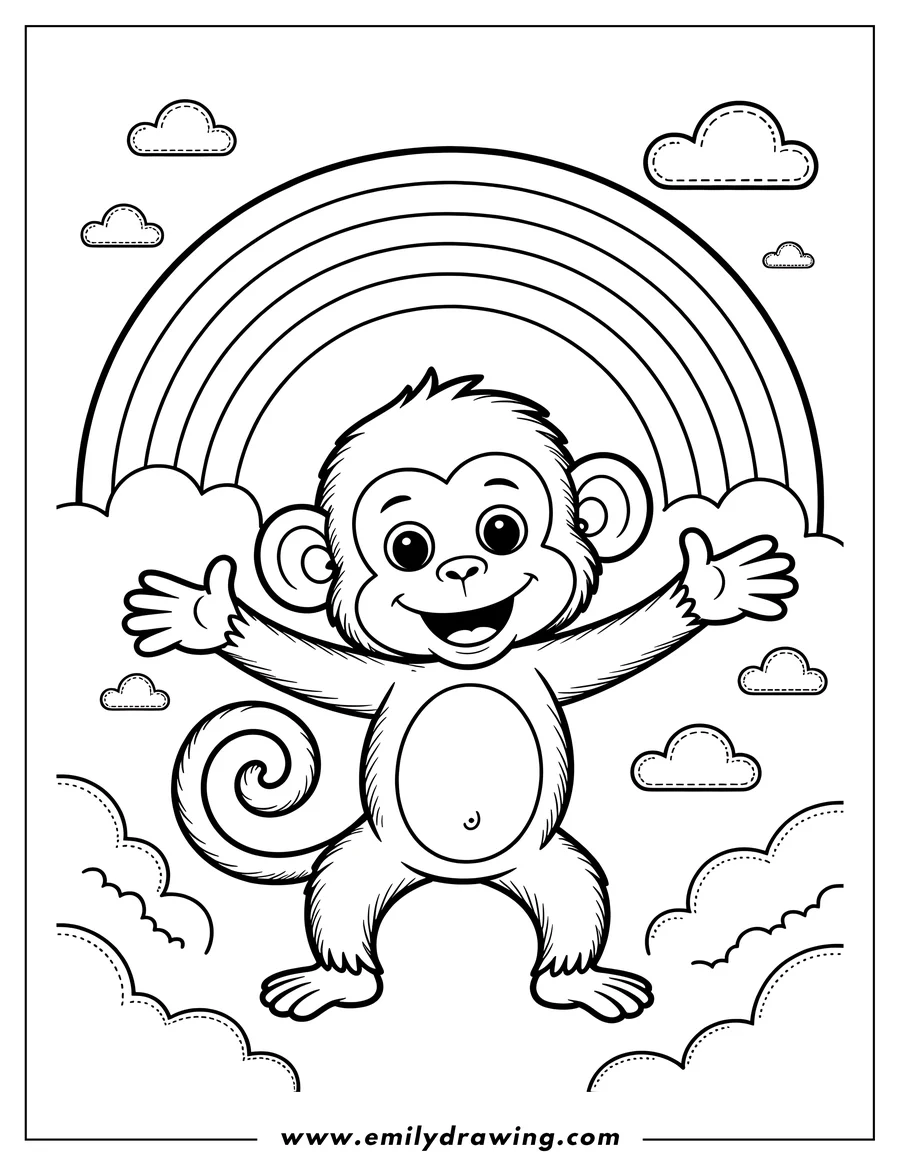Line art of a cheerful monkey standing with outstretched arms beneath a bright rainbow and fluffy clouds.