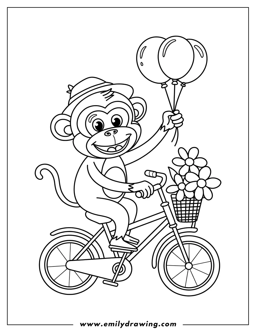 Outline of a monkey riding a bicycle while holding balloons.  The bike has a basket with flowers.
