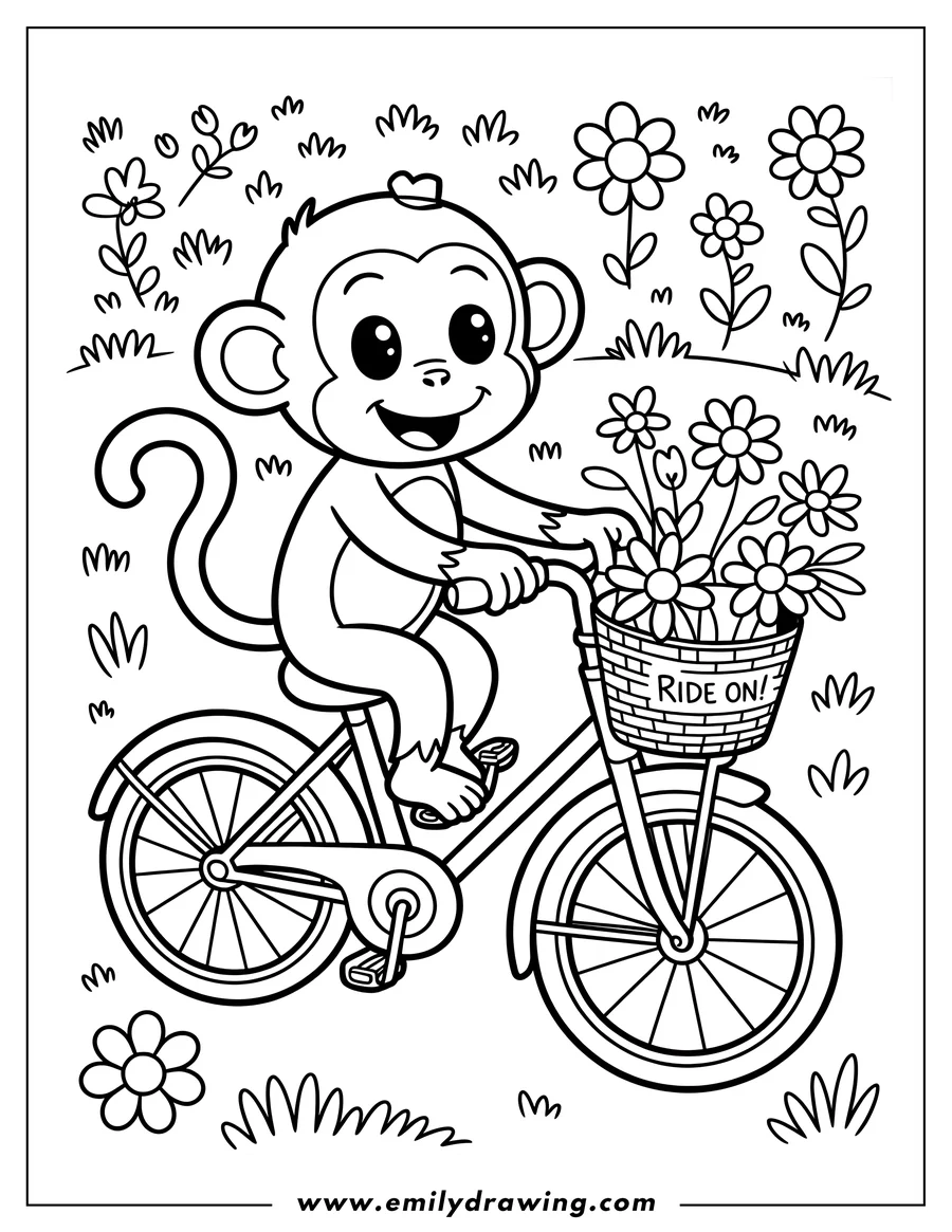 Outline of a monkey riding a bicycle with a basket of flowers. The basket has 