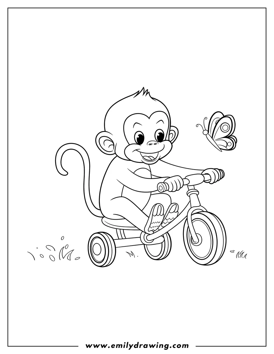 Outline of a monkey riding a tricycle with a butterfly nearby