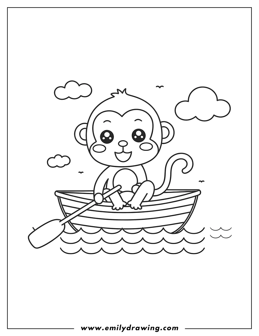 Outline of a happy monkey rowing a small boat on the water with clouds and birds in the sky.
