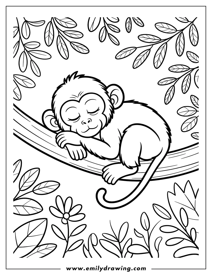 Outline of a monkey sleeping peacefully on a tree branch, surrounded by leaves and a flower.